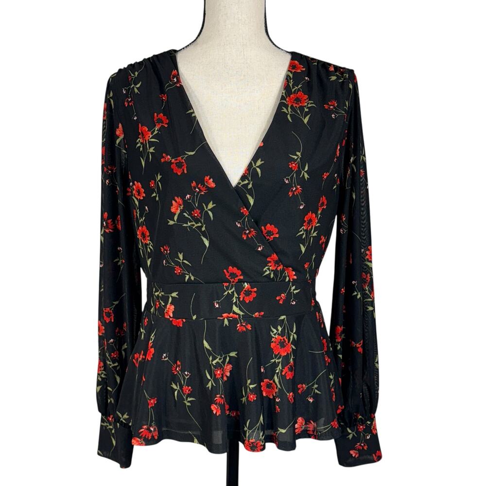Ember X-Large Top Floral Lined Long Balloon Sleeve Surplice V-Neck Stretch Multi - Picture 1 of 12